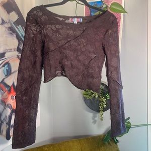 Urban Outfitters dark brown size S lace asymmetrical long sleeve crop top.